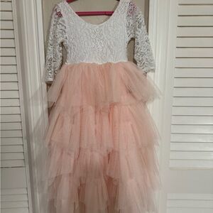 White crochet Lace and Pink Tulle maxi Dress girls 4/5